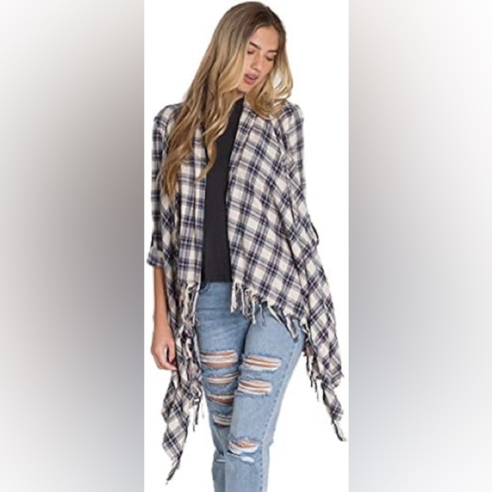 Billabong Plaid Fringe Cape in Blue and White
